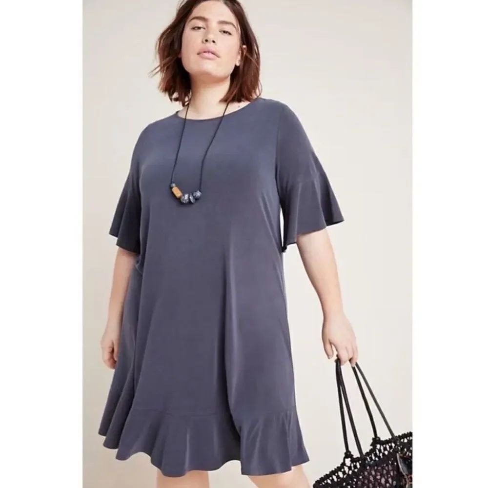 Anthropologie Averil Blue Flounce Ruffle Tee Dress Sz M Blogger Favorite Preppy